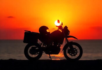 Generative AI image of a motorcycle silhouette against a vibrant sunset near the ocean