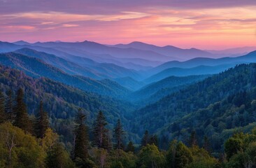 Smoky Mountains at dawn layers of blue ridges fading to pink sky over lush forests