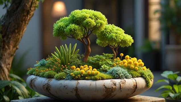 Miniature Bonsai Trees Yellow Flowers in Pot Plants Garden Green Nature