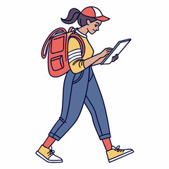 Young woman walking using tablet backpack