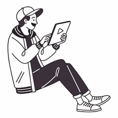 Young man watching video on tablet sitting floor