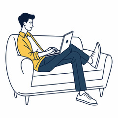 Man relaxing on sofa working on laptop, clean cutout