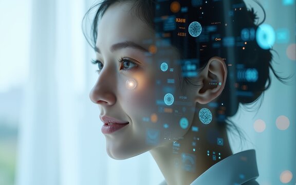 Double exposure portrait of AI and human faces. High quality