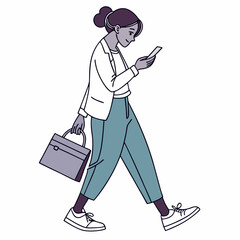 Woman walking smartphone business casual outfit