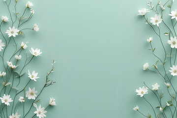 Fototapeta premium Elegant Frame of Delicate White Flowers on a Mint Green Background