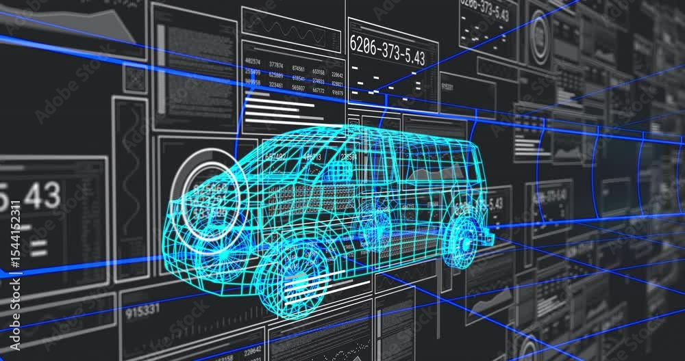 Poster panel sliding in from left initiating data scanning around cyan wireframe van in digital tunnel