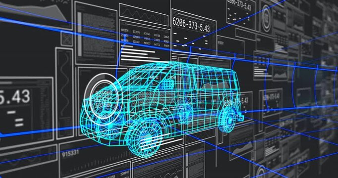 Panel sliding in from left initiating data scanning around cyan wireframe van in digital tunnel