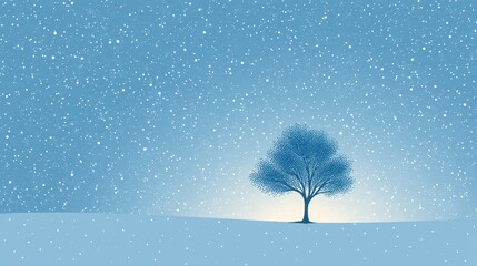A lone tree silhouette stands peacefully under a starry night sky, soft snowflakes falling gently, with a calming blue color palette enhancing the tranquil atmosphere 