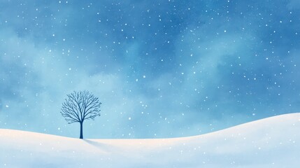 A lone tree silhouette stands peacefully under a starry night sky, soft snowflakes falling gently, with a calming blue color palette enhancing the tranquil atmosphere