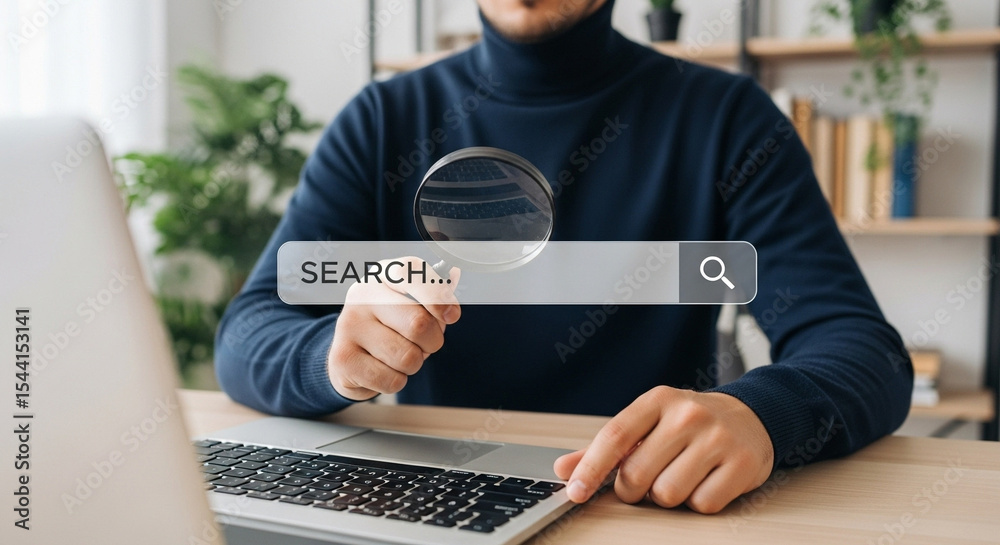 Poster man using a laptop and holding a magnifying glass over a search bar on the computer screen indoors