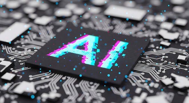 Glitched AI Logo with Cyan and Magenta Pixels on Chaotic Circuit Board, Representing Digital Disruption and Unpredictable Advanced Intelligence