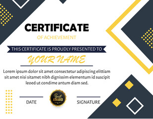 Certificate of achievement with modern design elements and best award seal