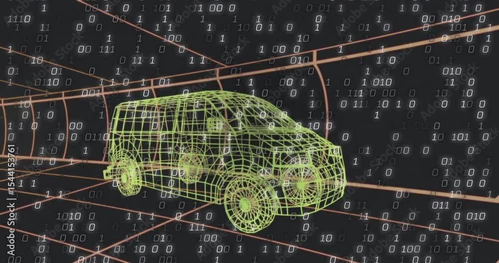 Poster On start binary code streaming around wireframe van as tunnel grid rotating showing data layers