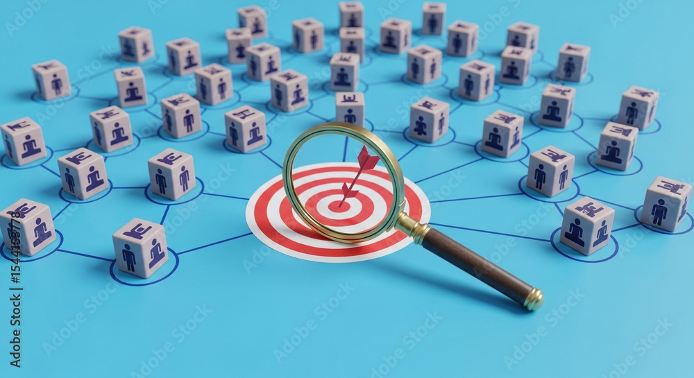 Poster network of cubes with people icons connected to a target viewed through a magnifying glass