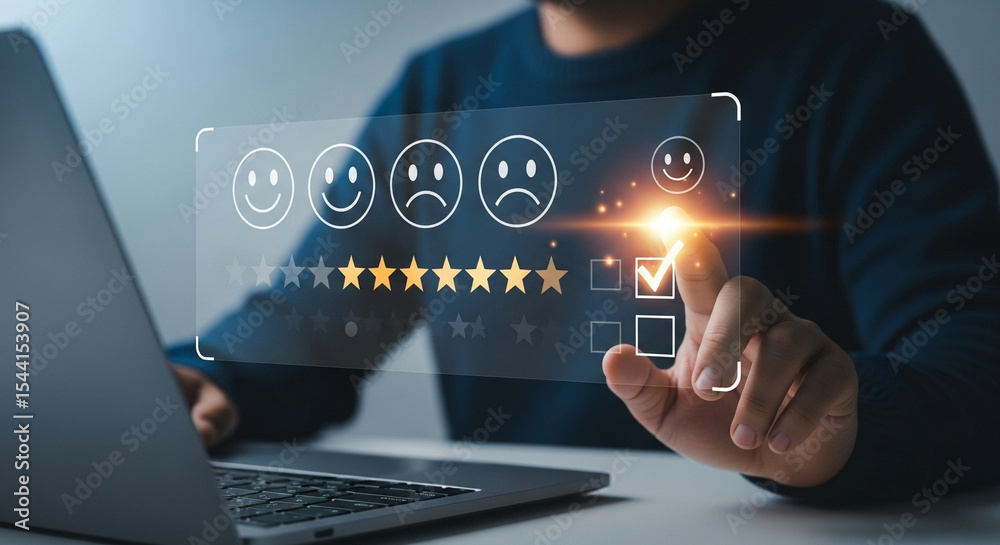 Poster person using laptop to give a five star rating with happy face on a digital interface screen