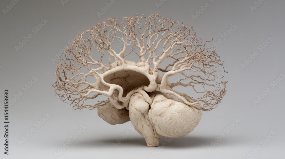 Poster Clay Brain Sculpture With Exposed Nerves Depicting Intricate Details and Empty Space on the Right