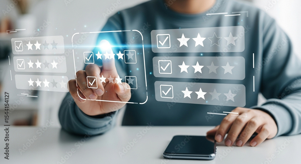 Poster Person touching a digital screen with star ratings and check marks next to a mobile phone on a table