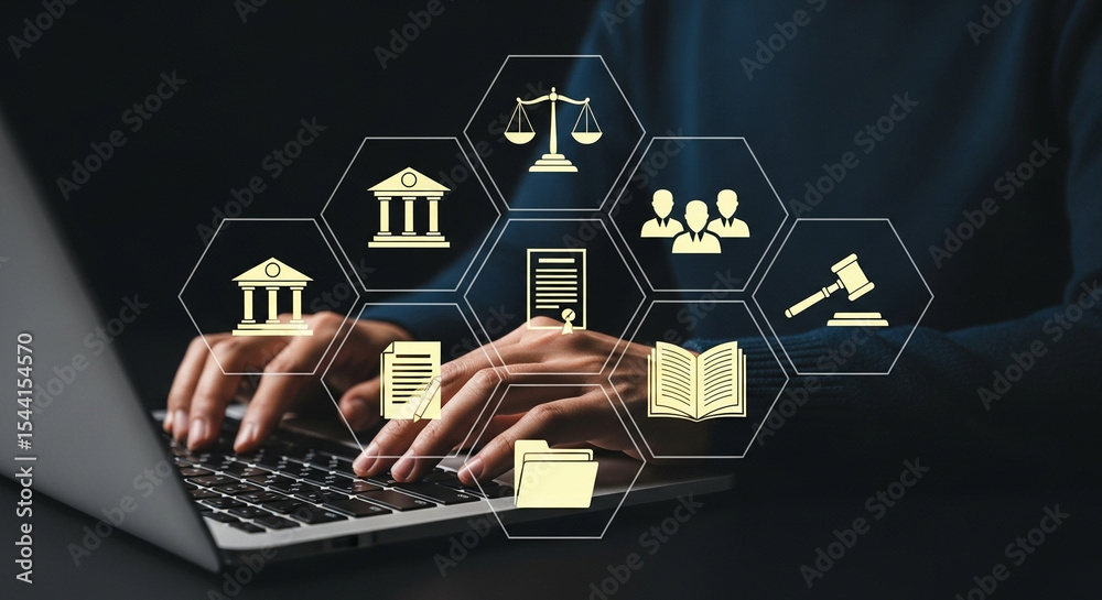 Poster Hands typing on laptop with legal icons overlayed in a hexagonal pattern on a dark background