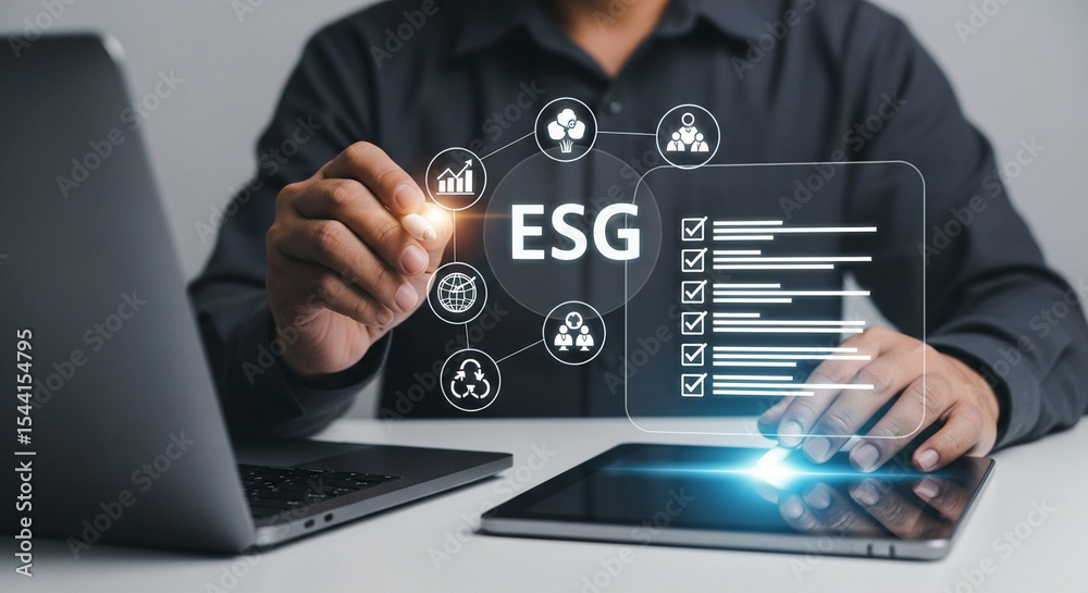 Poster person interacting with esg interface on tablet with laptop visible on the table next to it