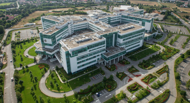 An aerial view of a modern hospital building.

