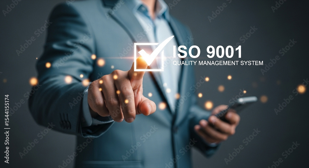 Aufkleber Man in suit pointing at iso 9001 quality management system with check mark and glowing particles