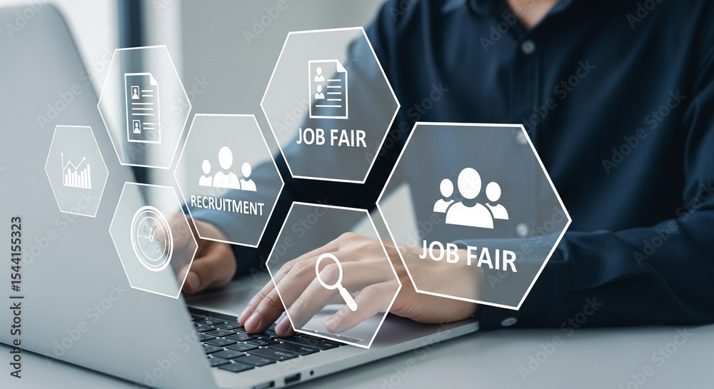 Poster person using laptop with job fair and recruitment icons displayed on the screen overlaying keyboard