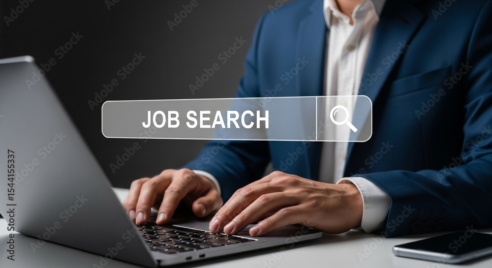 Poster a person in a suit types on a laptop with a job search bar overlayed on the image in gray tones