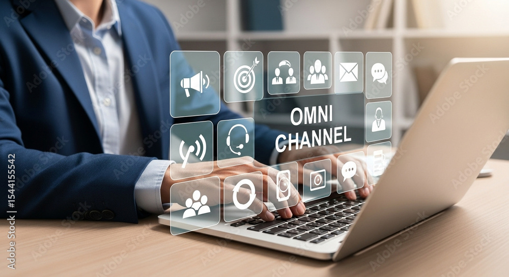 Poster A person working on a laptop with omni channel icons displayed in the foreground on the screen view