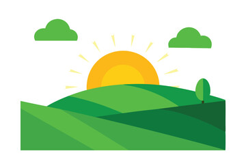 Fototapeta premium Sunrise Over Rolling Green Hills A Serene Landscape Illustration