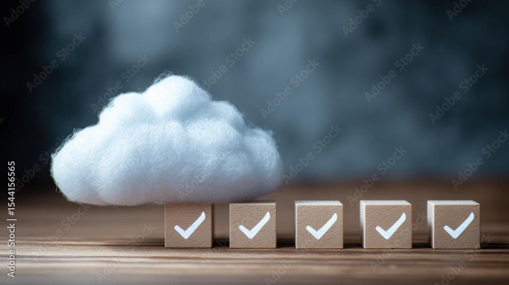 Poster cloud storage safety checklist with cloud design and wooden blocks in a modern workspace setting