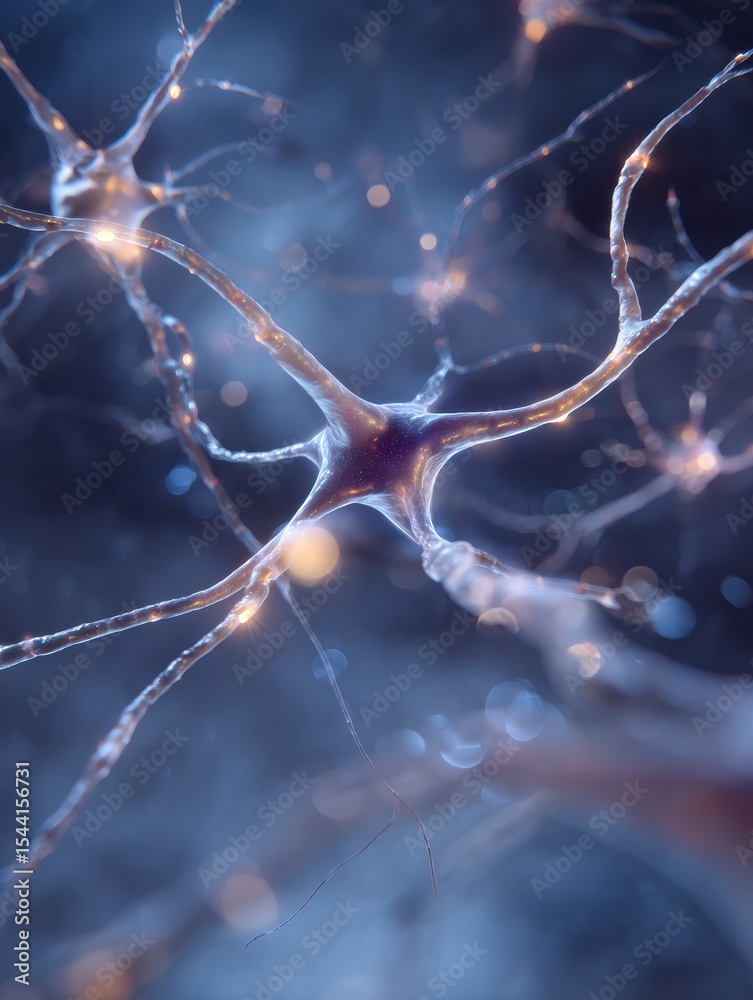 Poster Close-up View of Synaptic Space Revealing Light Pulses and Neural Interactions in a Detailed Abstract Display of Connectivity
