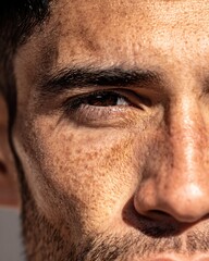 close-up of Latino man's cheek, flaky dry skin vs deeply hydrated soft skin, natural light, realistic texture