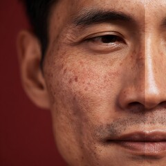 half face close-up of Asian man, red irritated skin vs calm soothed skin, clinical lighting, skincare effect comparison