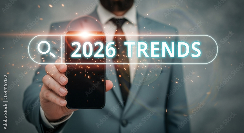 Poster Man in suit holding phone with search bar overlay showing trends for the year twenty twenty six