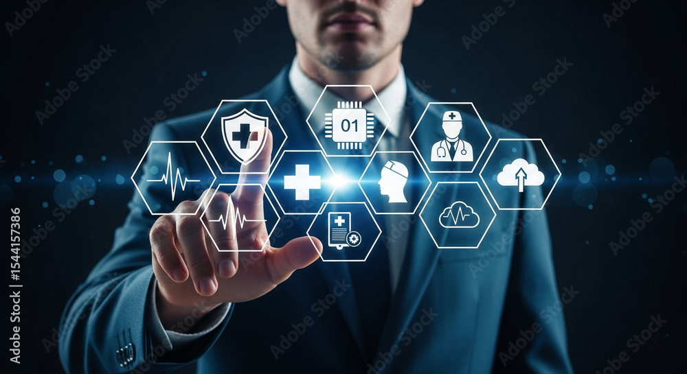 Aufkleber man in suit interacting with glowing medical icons on a digital interface in a dark environment