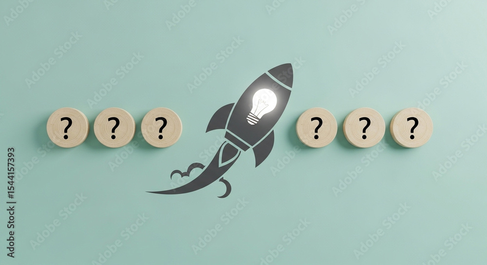 Poster rocket ship with lightbulb taking off between question marks on a light blue background design