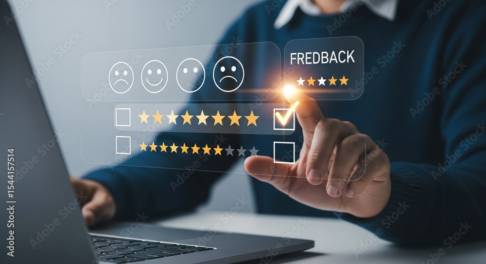 Poster person giving five star feedback on a laptop with a digital interface and selecting a checkbox