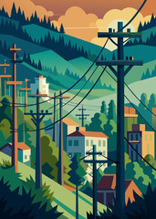 Stylized Landscape Illustration of a Town with Power Lines and Rolling Hills Featuring a Warm Color Palette and a Modern Geometric Design Aesthetic Creating a