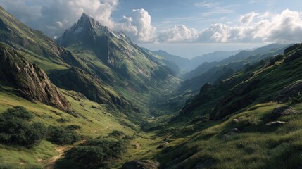 Obraz premium Lush Green Mountain Valley with Vibrant Flora Under Cloudy Sky Showcasing Nature's Beauty in Daylight