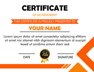 Certificate of achievement template with an orange design