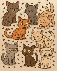 The cartoon style shows eight sad, worried or irritated kittens covered in fleas.  