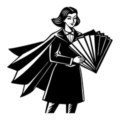 Obraz premium A powerful black and white graphic of a confident woman in a flowing cape and professional attire, holding fanned documents, embodying a superhero of business or knowledge.