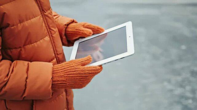 Close up of orange gloved hands holding illuminated tablet against soft gray background in winter coat