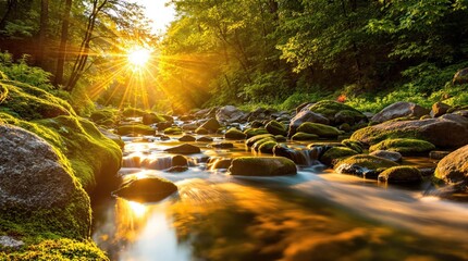 Sunlit stream flowing through mossy rocks in a lush forest at sunset