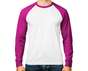 Man Wearing White ang Dark Purple Raglan Mockup with Elastic Cuffed Sleeves Long Sleeve T-Shirt Design Template