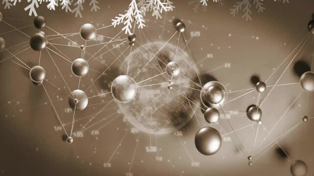 Upon sphere network emerging, spinning to reveal tags as snowflakes descending for visualization