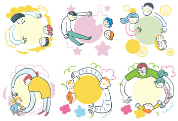 丸くつながる親子の子育て支援や教育広報に使える優しい家族のイラスト　セットのストックイラスト素材集
