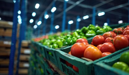 Tomatoes and green peppers fill green crates in a storage setting lit by bright overhead lights