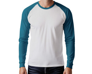 Man Modeling White and Teal Raglan Long Sleeve Shirt Mockup with Elastic Cuffed Sleeves Perfect for Design Presentation