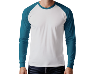 Man Modeling White and Teal Raglan Long Sleeve Shirt Mockup with Elastic Cuffed Sleeves Perfect for Design Presentation